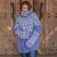 Icelandic Mohair Sweater, Blue Nordic Pattern, Hand Knitted Turtleneck Pullover, Oversized Fair Isle Knit T2224