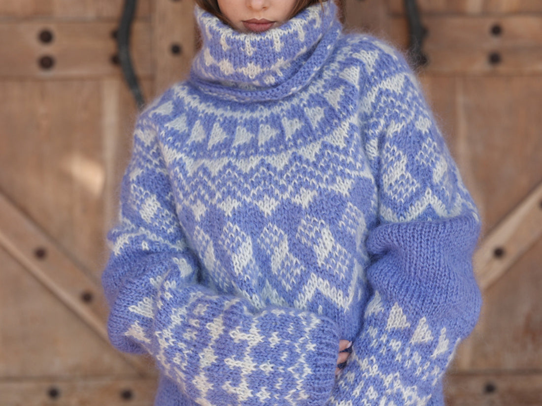 Icelandic Mohair Sweater, Blue Nordic Pattern, Hand Knitted Turtleneck Pullover, Oversized Fair Isle Knit T2224