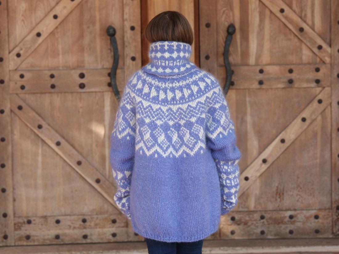 Icelandic Mohair Sweater, Blue Nordic Pattern, Hand Knitted Turtleneck Pullover, Oversized Fair Isle Knit T2224