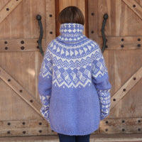 Icelandic Mohair Sweater, Blue Nordic Pattern, Hand Knitted Turtleneck Pullover, Oversized Fair Isle Knit T2224