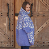 Icelandic Mohair Sweater, Blue Nordic Pattern, Hand Knitted Turtleneck Pullover, Oversized Fair Isle Knit T2224