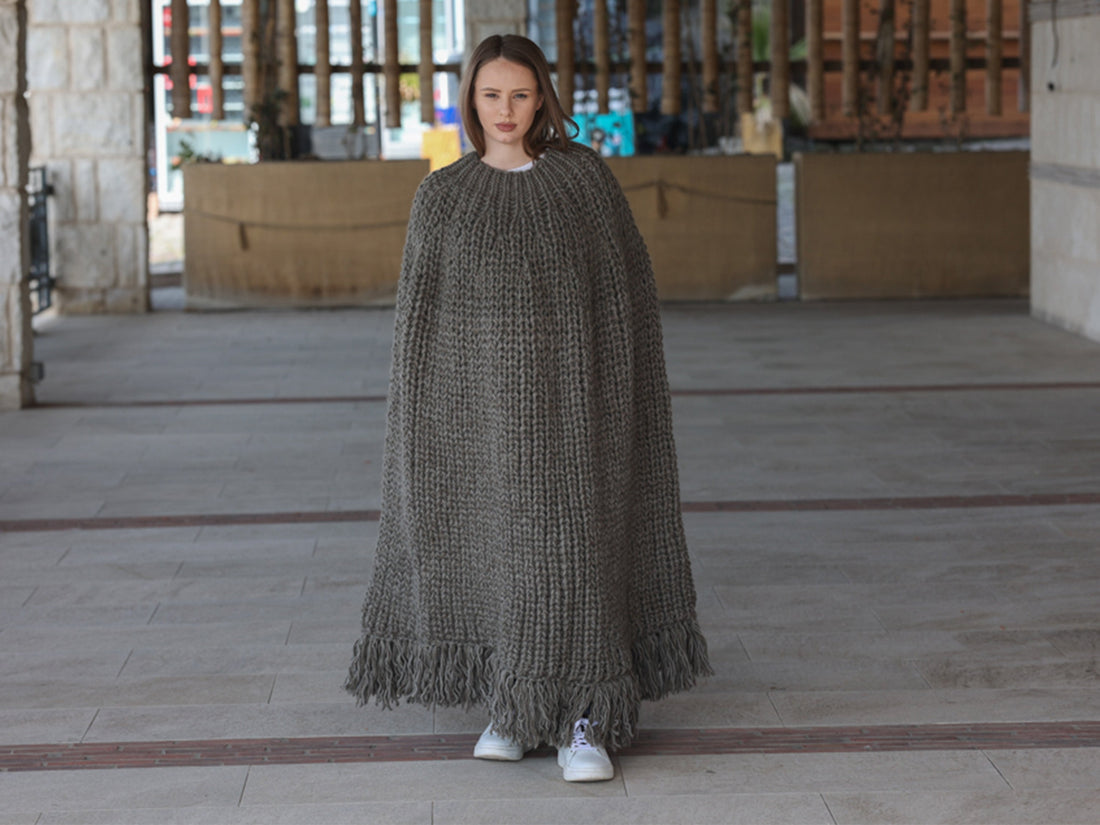 Wool Poncho, English Rib Cape, Fringe Hem Wrap T2205