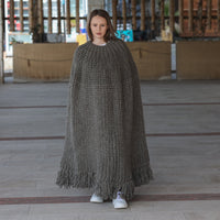 Wool Poncho, English Rib Cape, Fringe Hem Wrap T2205