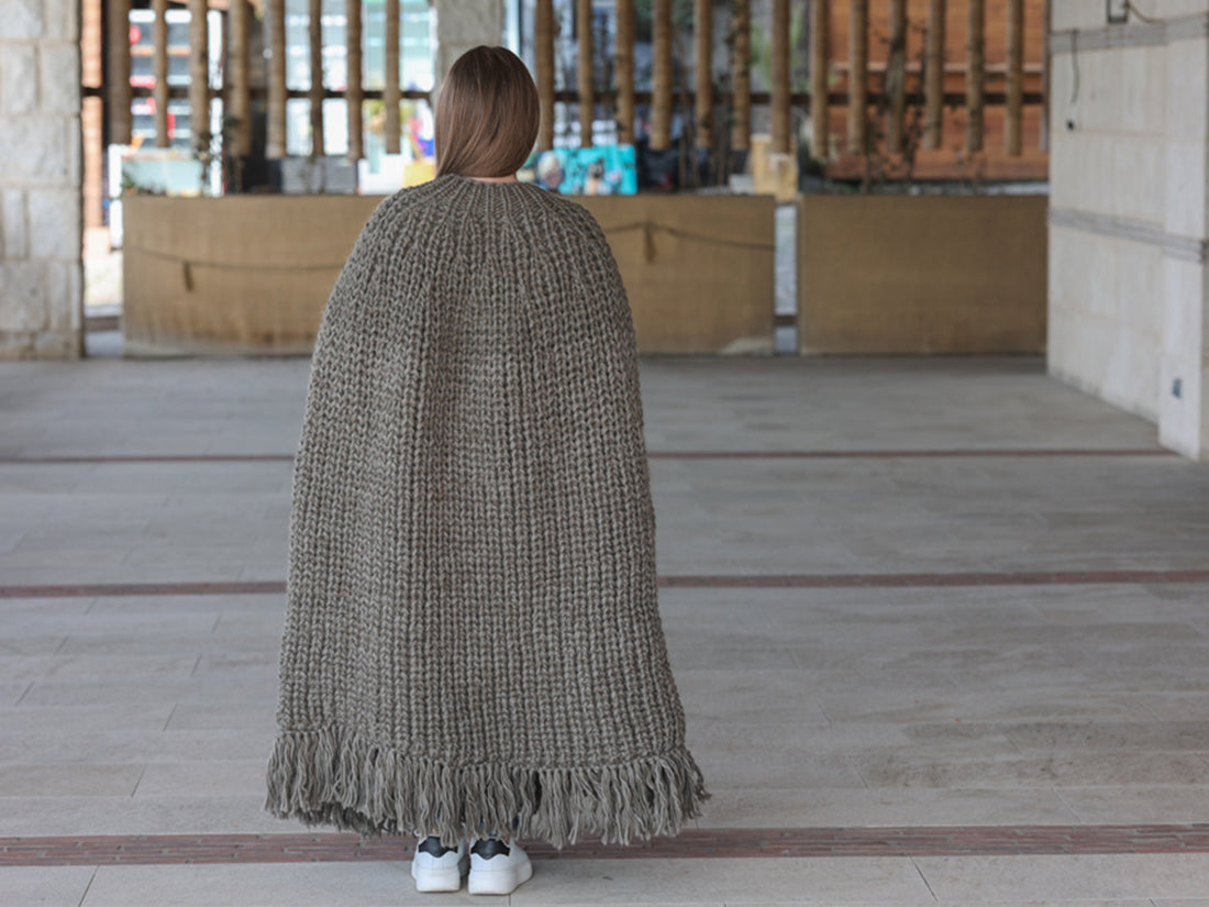 Wool Poncho, English Rib Cape, Fringe Hem Wrap T2205
