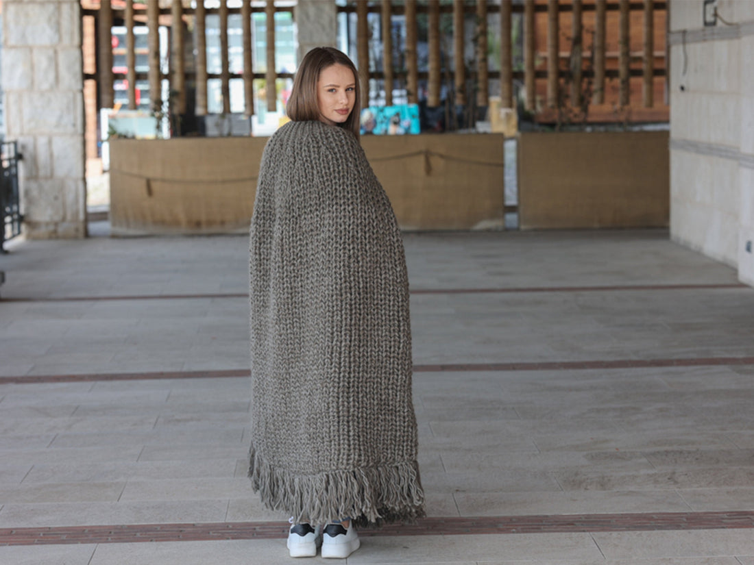 Wool Poncho, English Rib Cape, Fringe Hem Wrap T2205