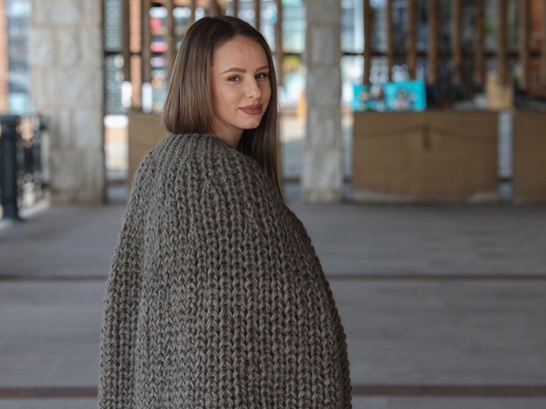 Wool Poncho, English Rib Cape, Fringe Hem Wrap T2205