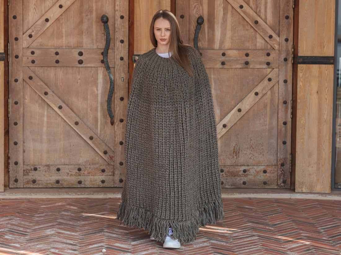 Wool Poncho, English Rib Cape, Fringe Hem Wrap T2205