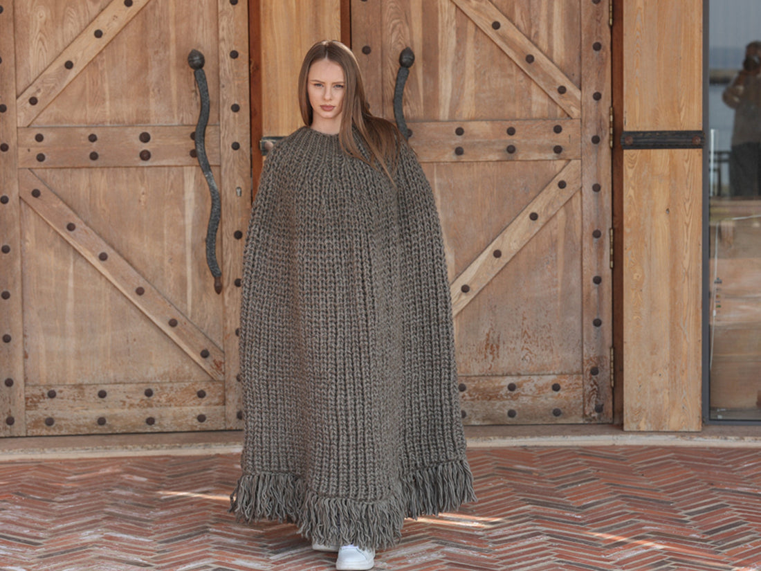 Wool Poncho, English Rib Cape, Fringe Hem Wrap T2205