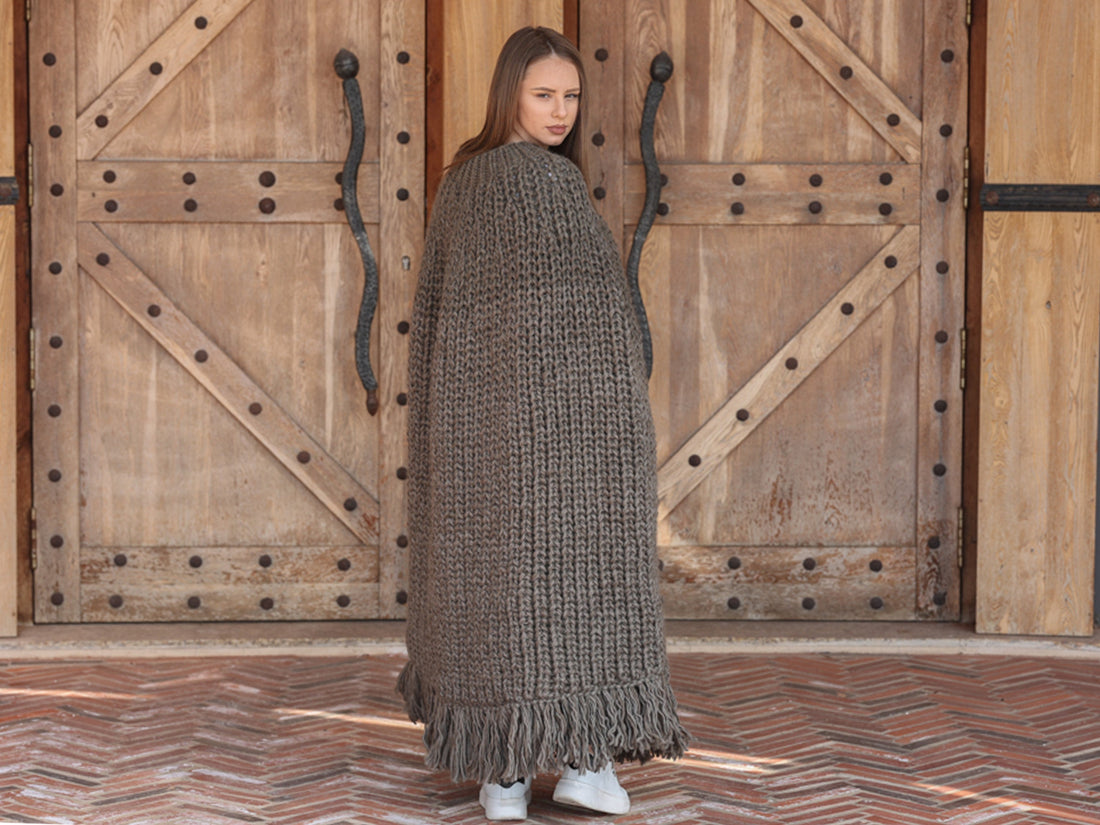 Wool Poncho, English Rib Cape, Fringe Hem Wrap T2205