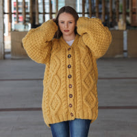 Alpaca Cardigan, Hand Knit Cable Sweater, Mustard Button Front, Chunky 18 Strand T2209