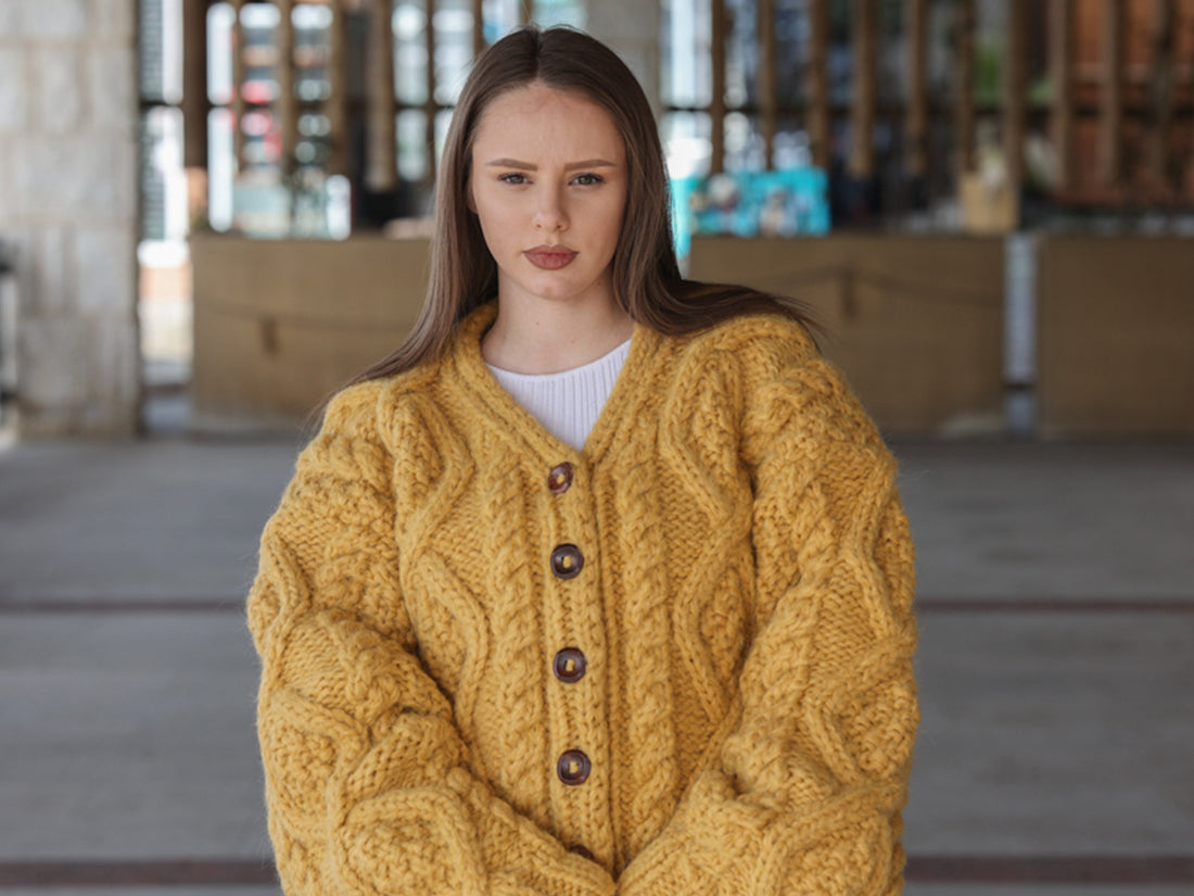 Alpaca Cardigan, Hand Knit Cable Sweater, Mustard Button Front, Chunky 18 Strand T2209
