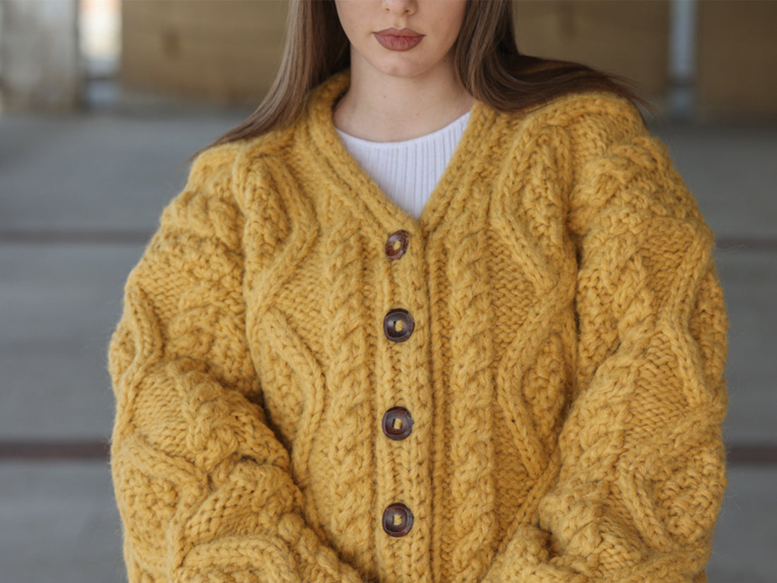 Alpaca Cardigan, Hand Knit Cable Sweater, Mustard Button Front, Chunky 18 Strand T2209