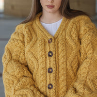 Alpaca Cardigan, Hand Knit Cable Sweater, Mustard Button Front, Chunky 18 Strand T2209