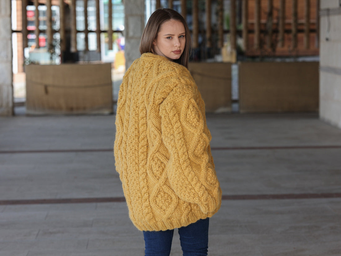 Alpaca Cardigan, Hand Knit Cable Sweater, Mustard Button Front, Chunky 18 Strand T2209