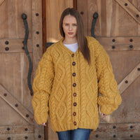 Alpaca Cardigan, Hand Knit Cable Sweater, Mustard Button Front, Chunky 18 Strand T2209