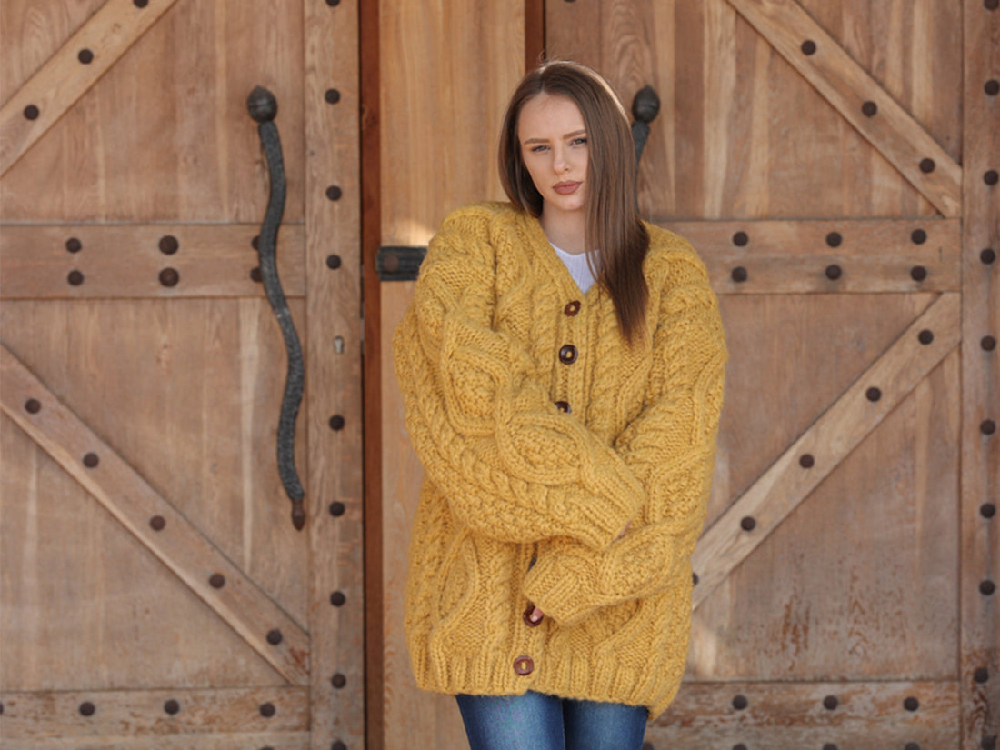 Alpaca Cardigan, Hand Knit Cable Sweater, Mustard Button Front, Chunky 18 Strand T2209