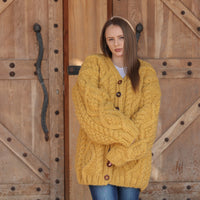 Alpaca Cardigan, Hand Knit Cable Sweater, Mustard Button Front, Chunky 18 Strand T2209