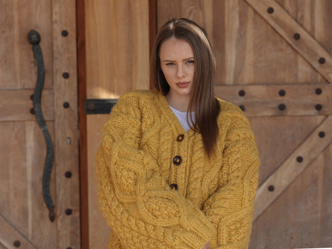 Alpaca Cardigan, Hand Knit Cable Sweater, Mustard Button Front, Chunky 18 Strand T2209