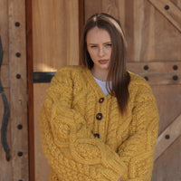 Alpaca Cardigan, Hand Knit Cable Sweater, Mustard Button Front, Chunky 18 Strand T2209
