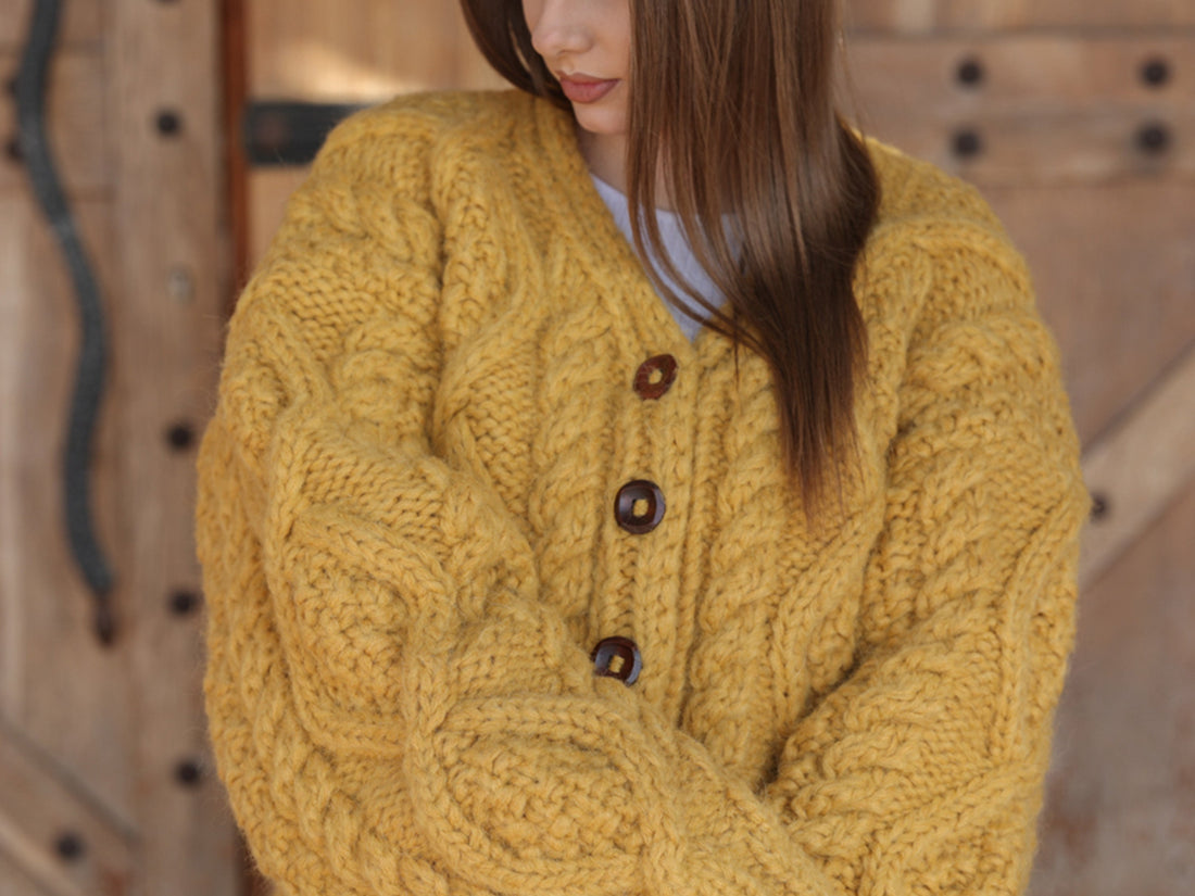 Alpaca Cardigan, Hand Knit Cable Sweater, Mustard Button Front, Chunky 18 Strand T2209