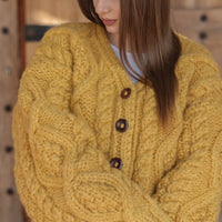 Alpaca Cardigan, Hand Knit Cable Sweater, Mustard Button Front, Chunky 18 Strand T2209