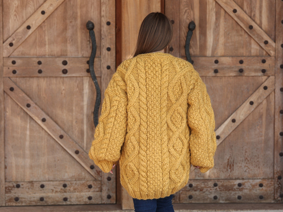Alpaca Cardigan, Hand Knit Cable Sweater, Mustard Button Front, Chunky 18 Strand T2209