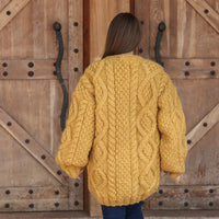 Alpaca Cardigan, Hand Knit Cable Sweater, Mustard Button Front, Chunky 18 Strand T2209