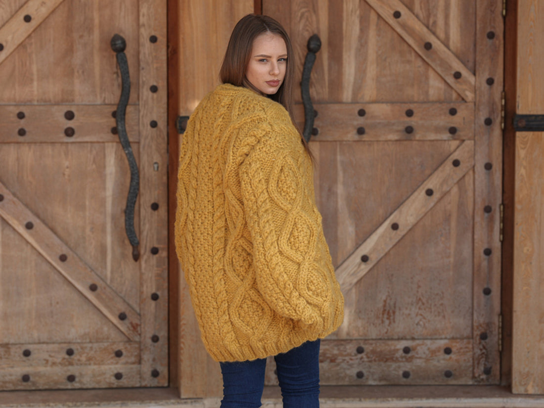 Alpaca Cardigan, Hand Knit Cable Sweater, Mustard Button Front, Chunky 18 Strand T2209