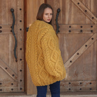 Alpaca Cardigan, Hand Knit Cable Sweater, Mustard Button Front, Chunky 18 Strand T2209
