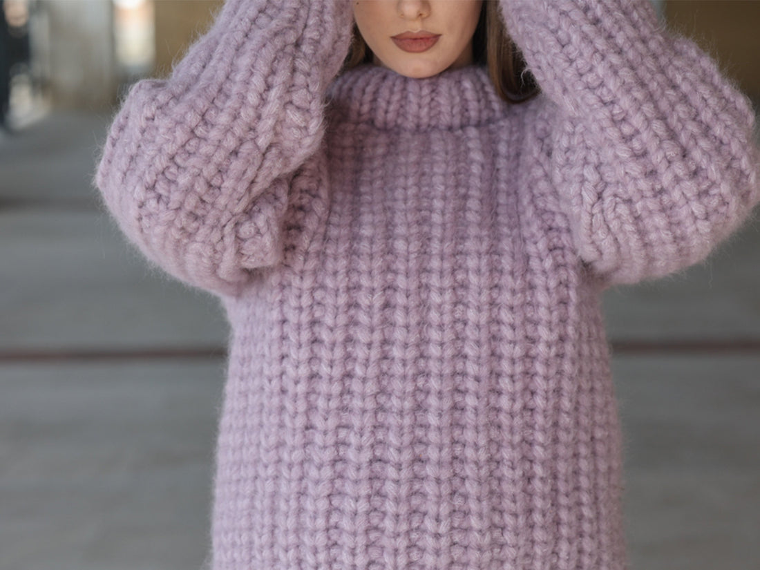 Purple Alpaca Sweater, 30 Strand English Rib Knit, Hand Knitted Fluffy Texture T2220
