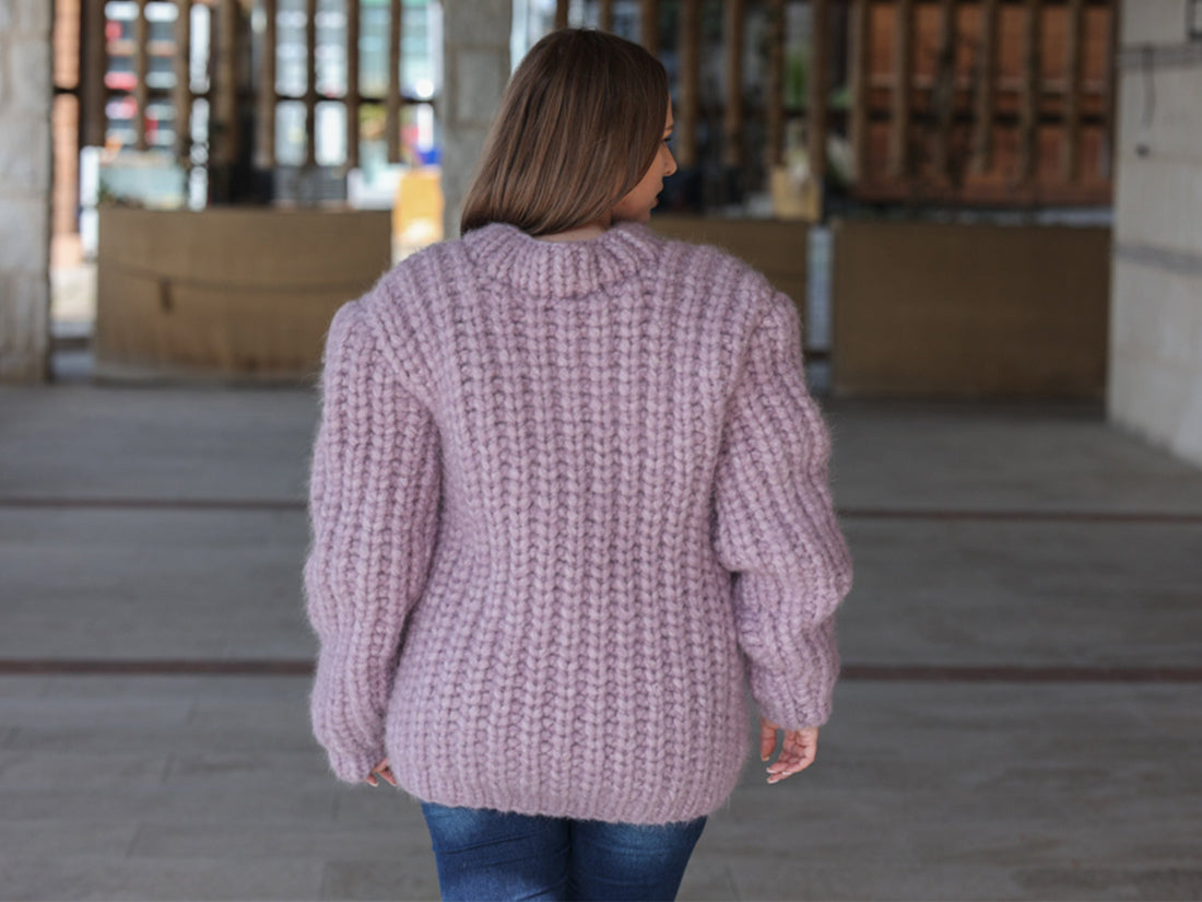 Purple Alpaca Sweater, 30 Strand English Rib Knit, Hand Knitted Fluffy Texture T2220