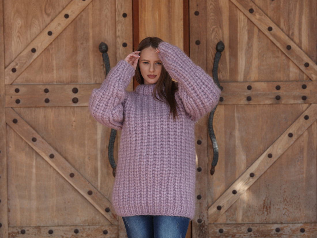 Purple Alpaca Sweater, 30 Strand English Rib Knit, Hand Knitted Fluffy Texture T2220