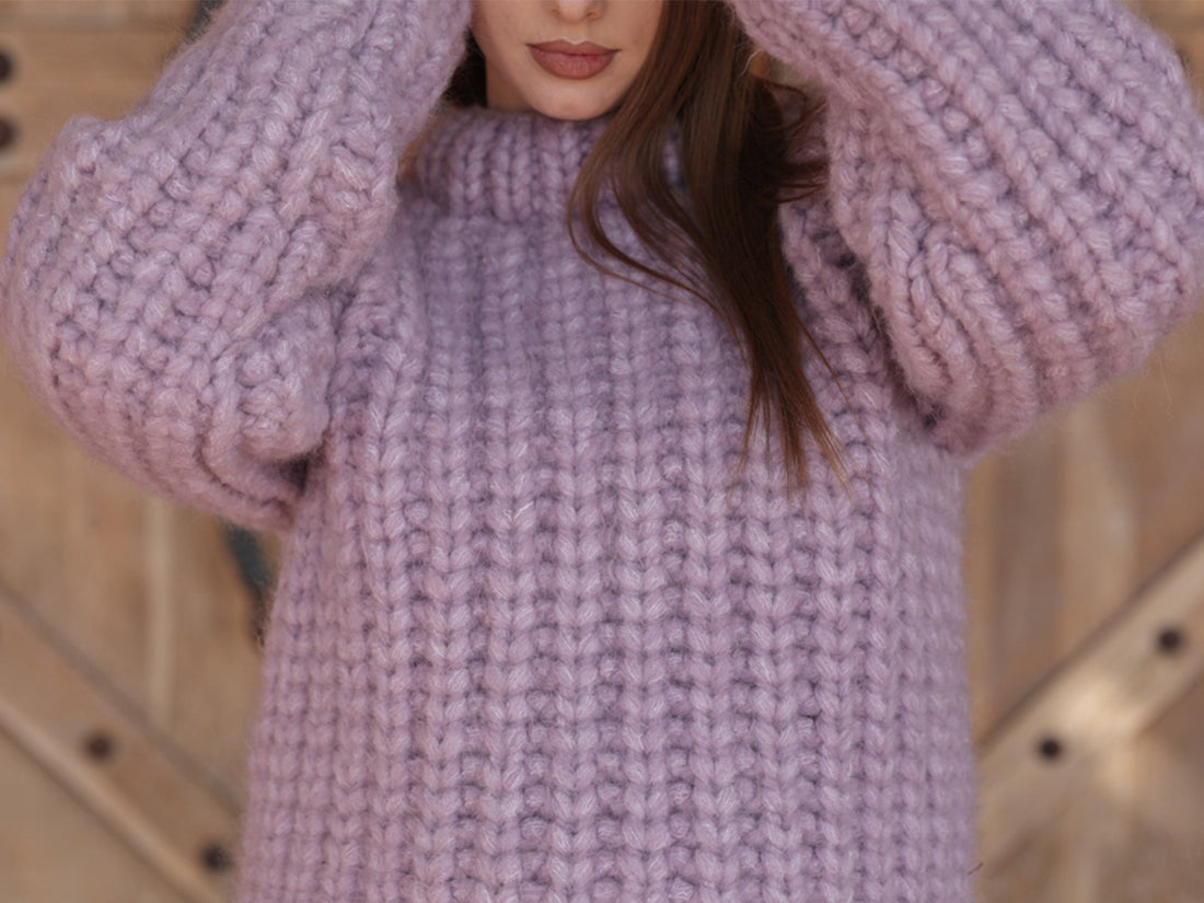 Purple Alpaca Sweater, 30 Strand English Rib Knit, Hand Knitted Fluffy Texture T2220