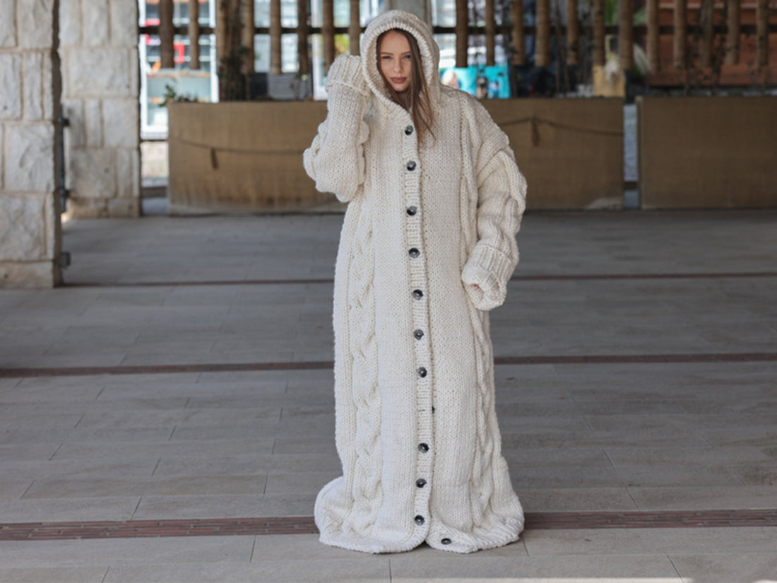 Long Wool Cardigan, Cable Knit Duster, Hand Knit Button Front T2207