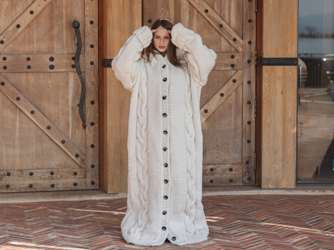 Long Wool Cardigan, Cable Knit Duster, Hand Knit Button Front T2207