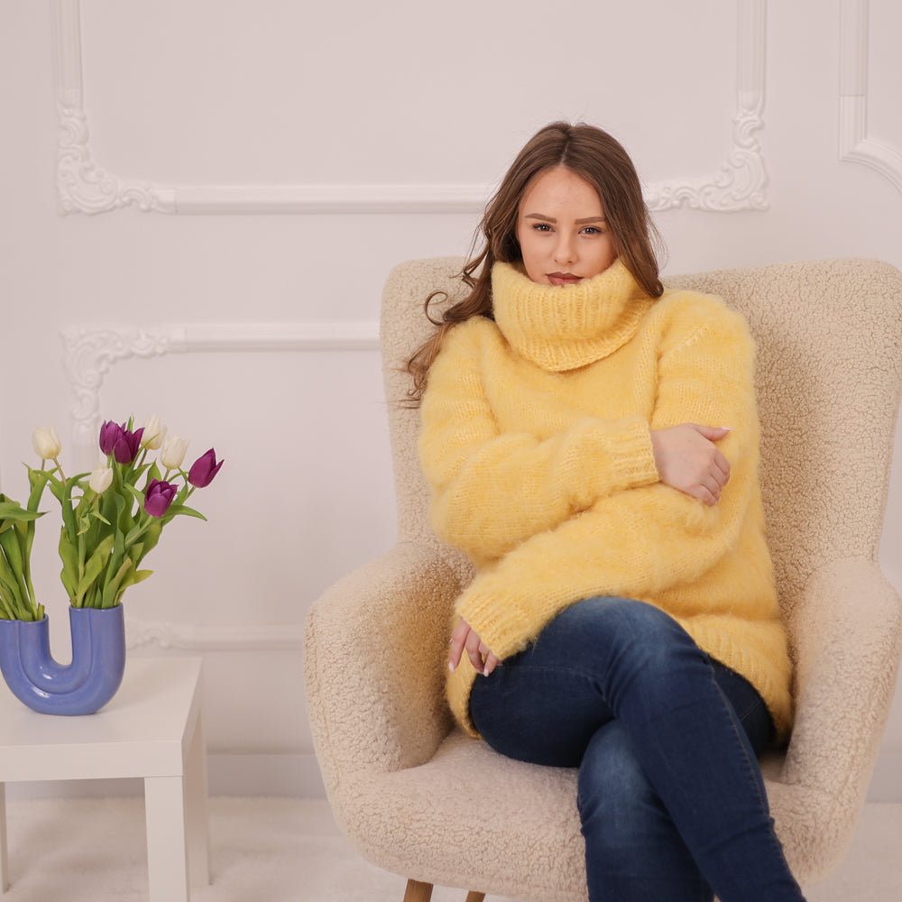 One available in size 3XL, Yellow Alpaca Sweater, 12 Strand Brushed Knit, Hand Knitted Turtleneck Pullover T2226