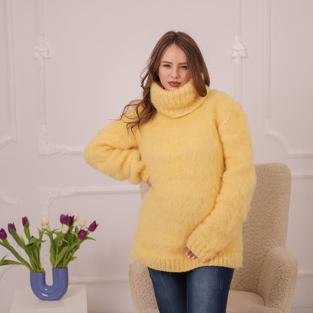 One available in size 3XL, Yellow Alpaca Sweater, 12 Strand Brushed Knit, Hand Knitted Turtleneck Pullover T2226