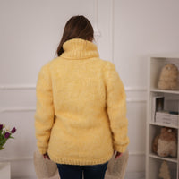 One available in size 3XL, Yellow Alpaca Sweater, 12 Strand Brushed Knit, Hand Knitted Turtleneck Pullover T2226