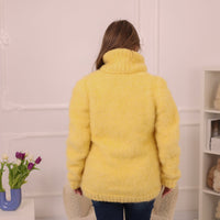 One available in size 3XL, Yellow Alpaca Sweater, 12 Strand Brushed Knit, Hand Knitted Turtleneck Pullover T2226