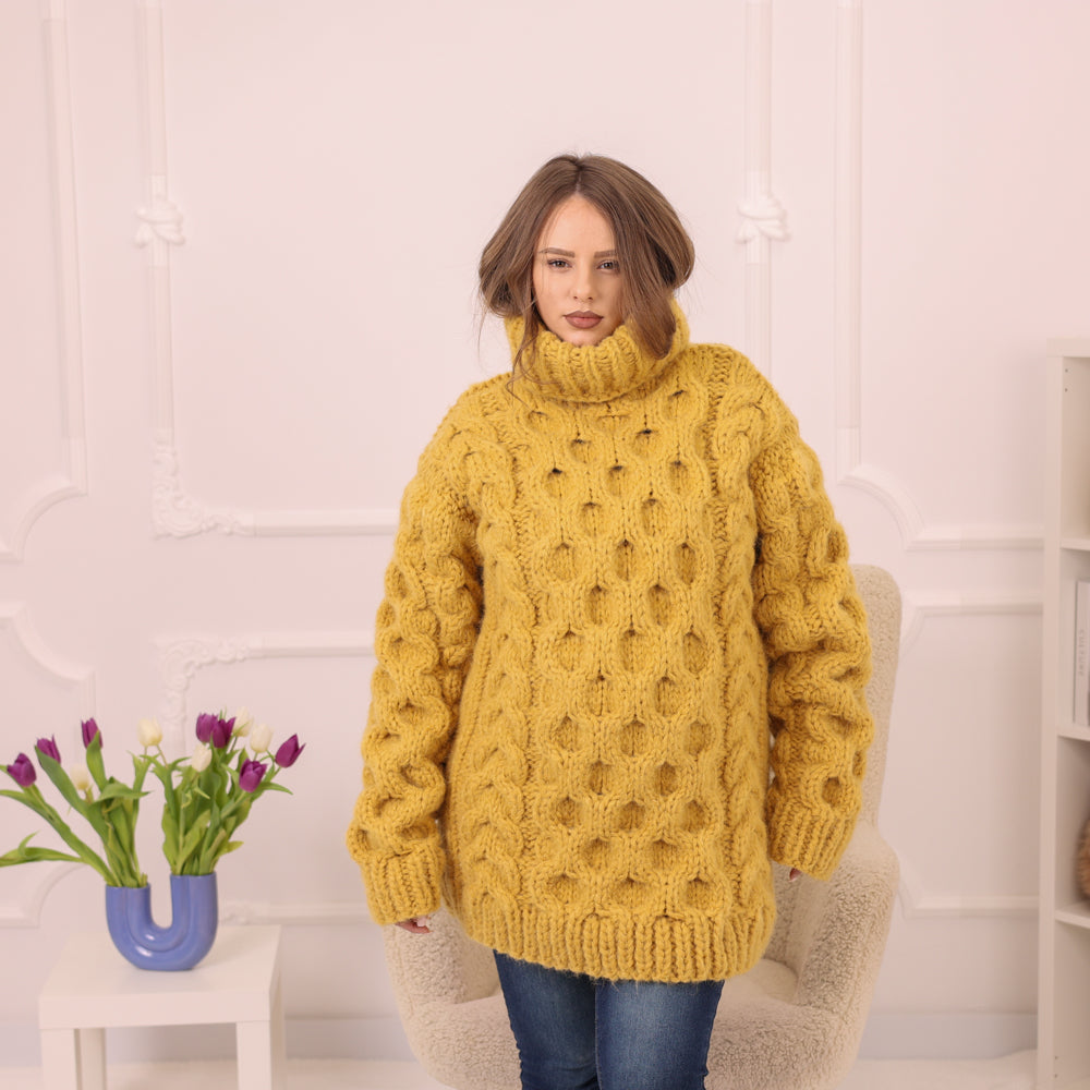 Yellow Alpaca Sweater, 18 Strand Honeycomb Cable Knit, Chunky Hand Knitted Turtleneck T2227