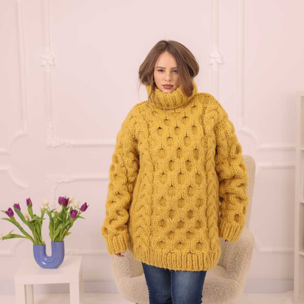 One available in size 4XL, Yellow Alpaca Sweater, 18 Strand Honeycomb Cable Knit, Chunky Hand Knitted Turtleneck T2227