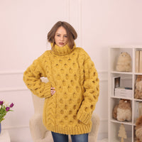 One available in size 4XL, Yellow Alpaca Sweater, 18 Strand Honeycomb Cable Knit, Chunky Hand Knitted Turtleneck T2227