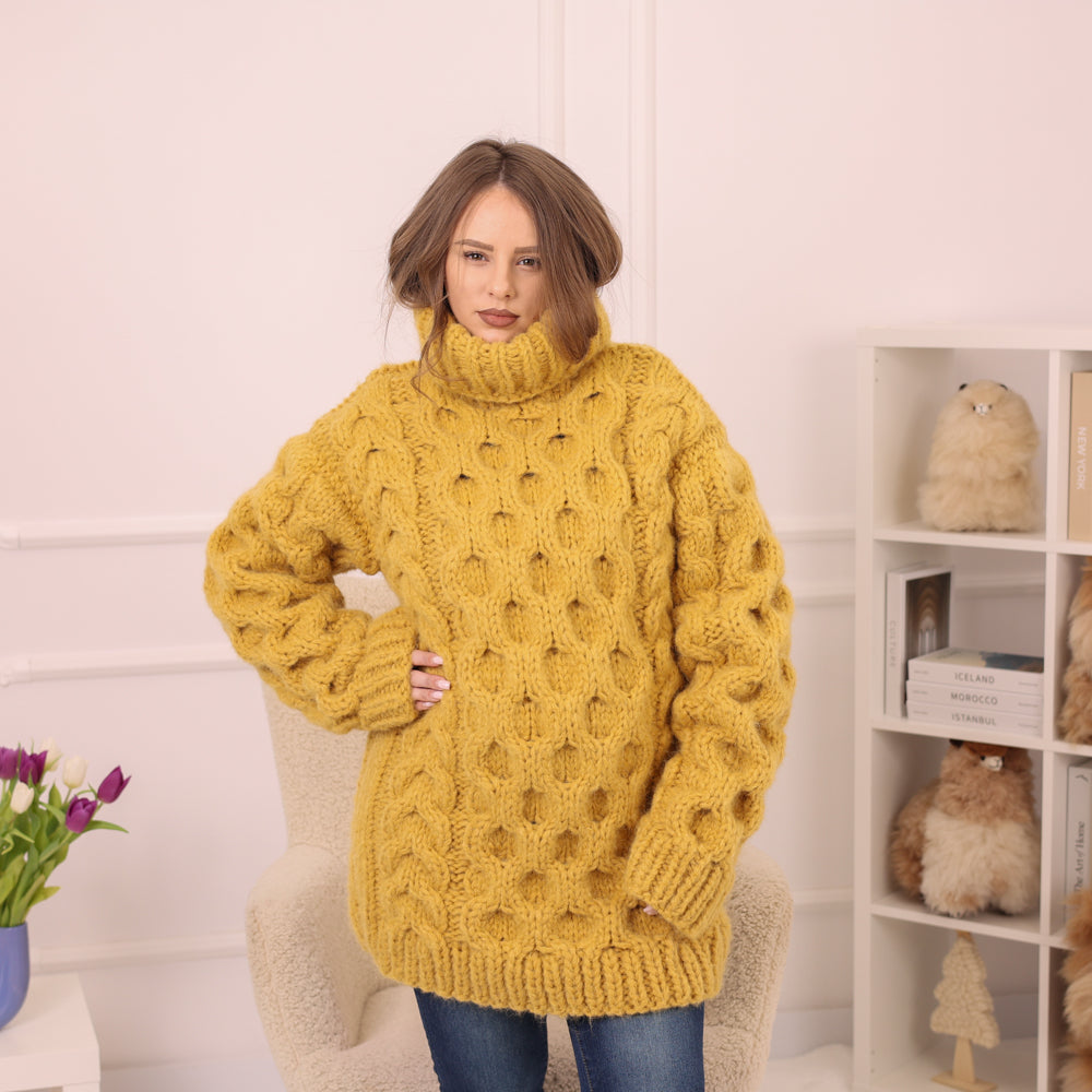One available in size 4XL, Yellow Alpaca Sweater, 18 Strand Honeycomb Cable Knit, Chunky Hand Knitted Turtleneck T2227