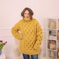 Yellow Alpaca Sweater, 18 Strand Honeycomb Cable Knit, Chunky Hand Knitted Turtleneck T2227
