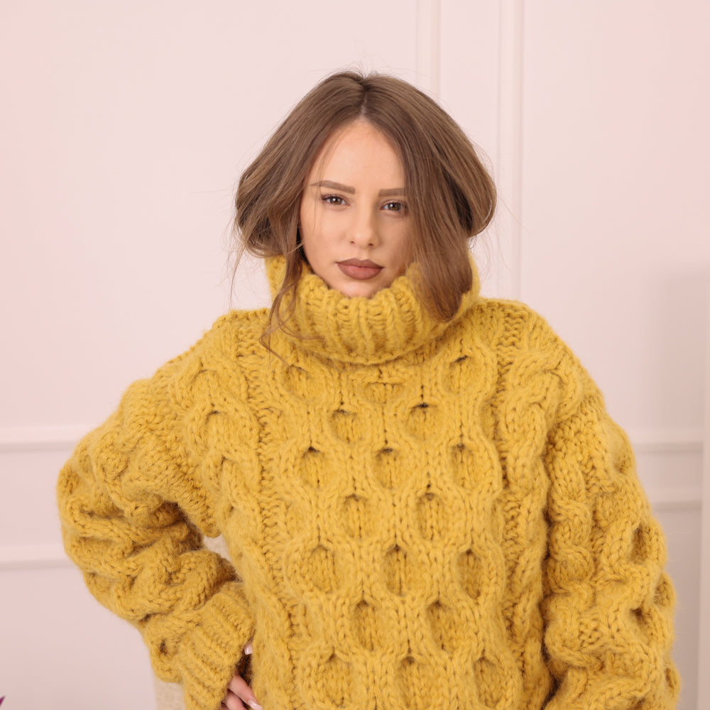 Yellow Alpaca Sweater, 18 Strand Honeycomb Cable Knit, Chunky Hand Knitted Turtleneck T2227