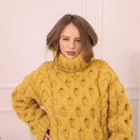 One available in size 4XL, Yellow Alpaca Sweater, 18 Strand Honeycomb Cable Knit, Chunky Hand Knitted Turtleneck T2227