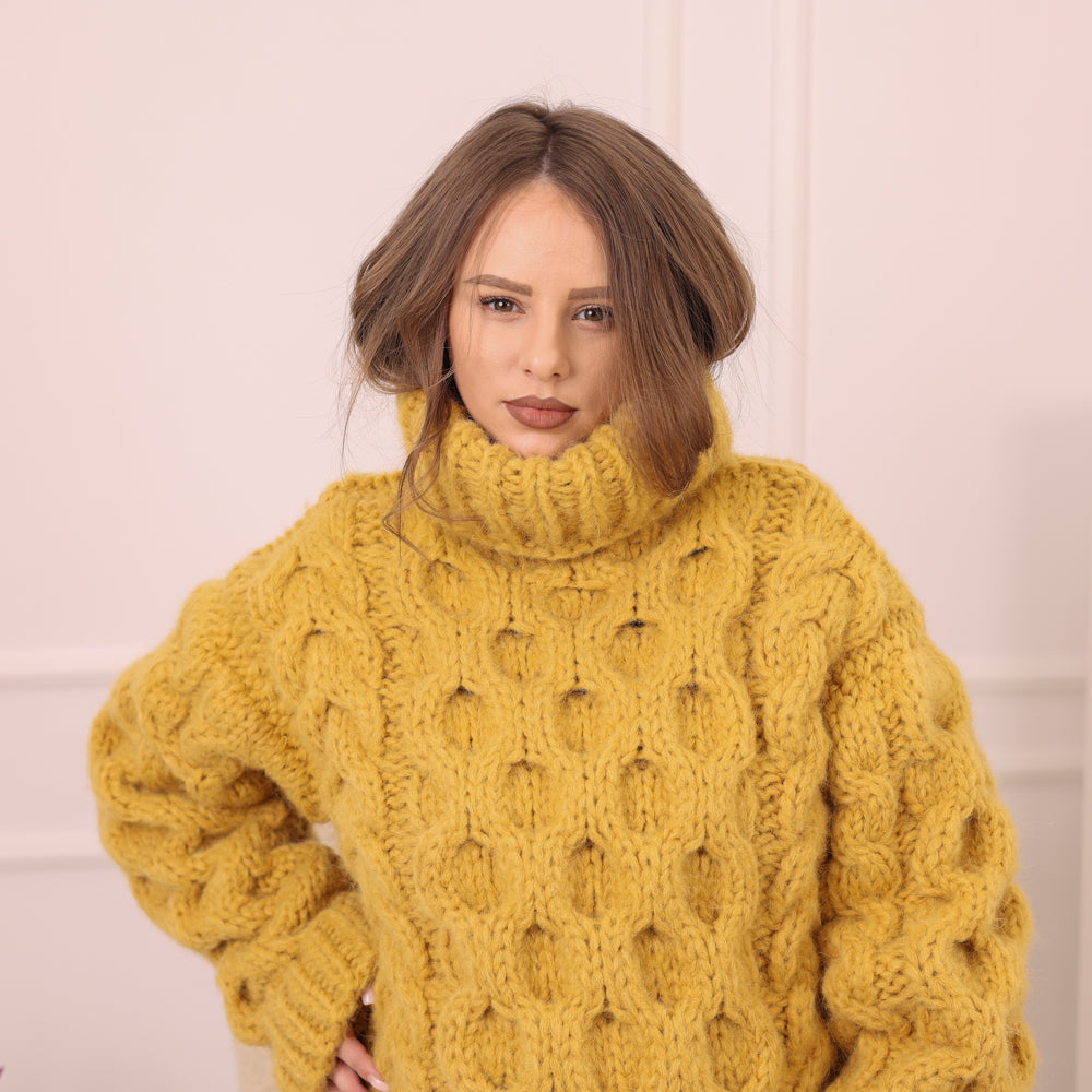 Yellow Alpaca Sweater, 18 Strand Honeycomb Cable Knit, Chunky Hand Knitted Turtleneck T2227