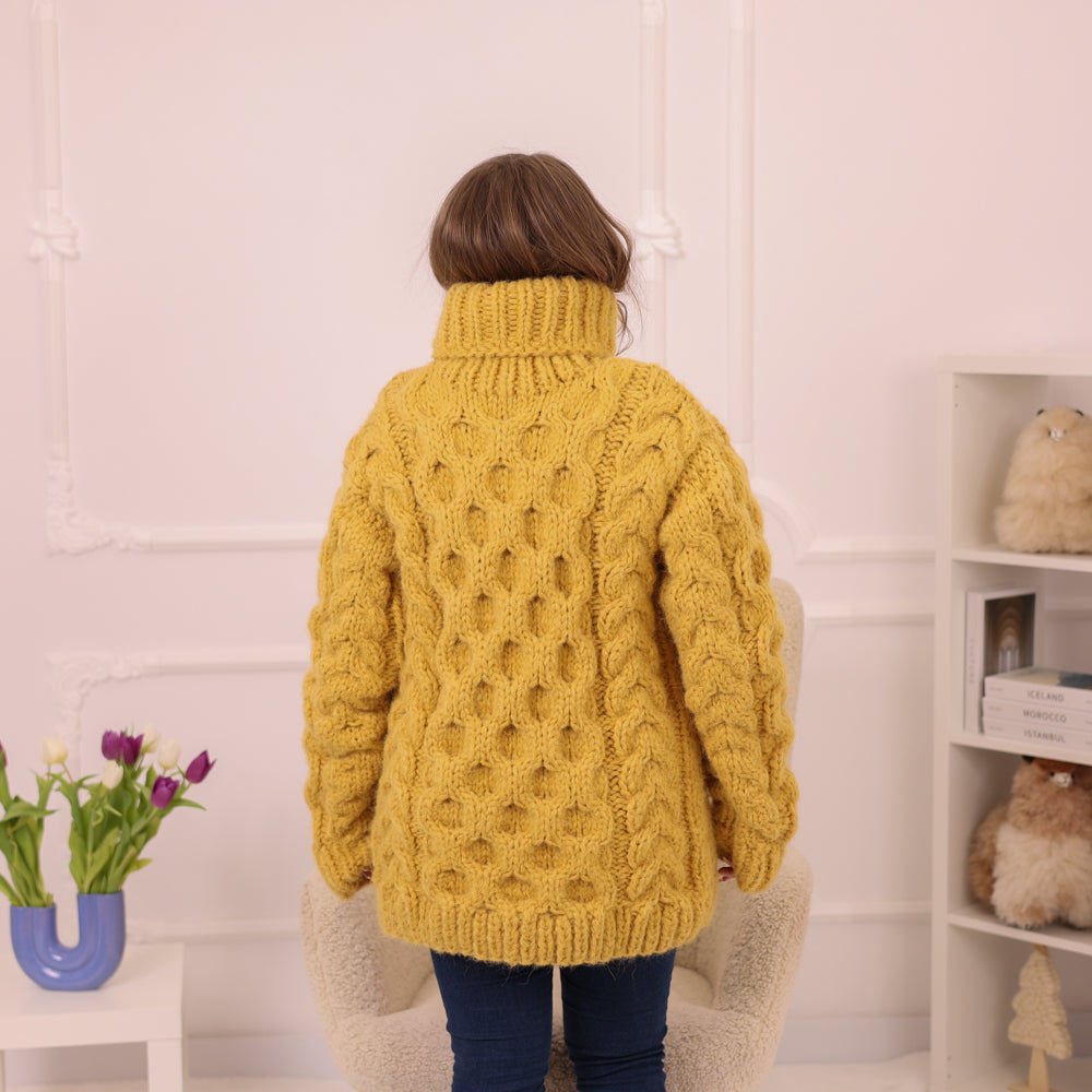 One available in size 4XL, Yellow Alpaca Sweater, 18 Strand Honeycomb Cable Knit, Chunky Hand Knitted Turtleneck T2227