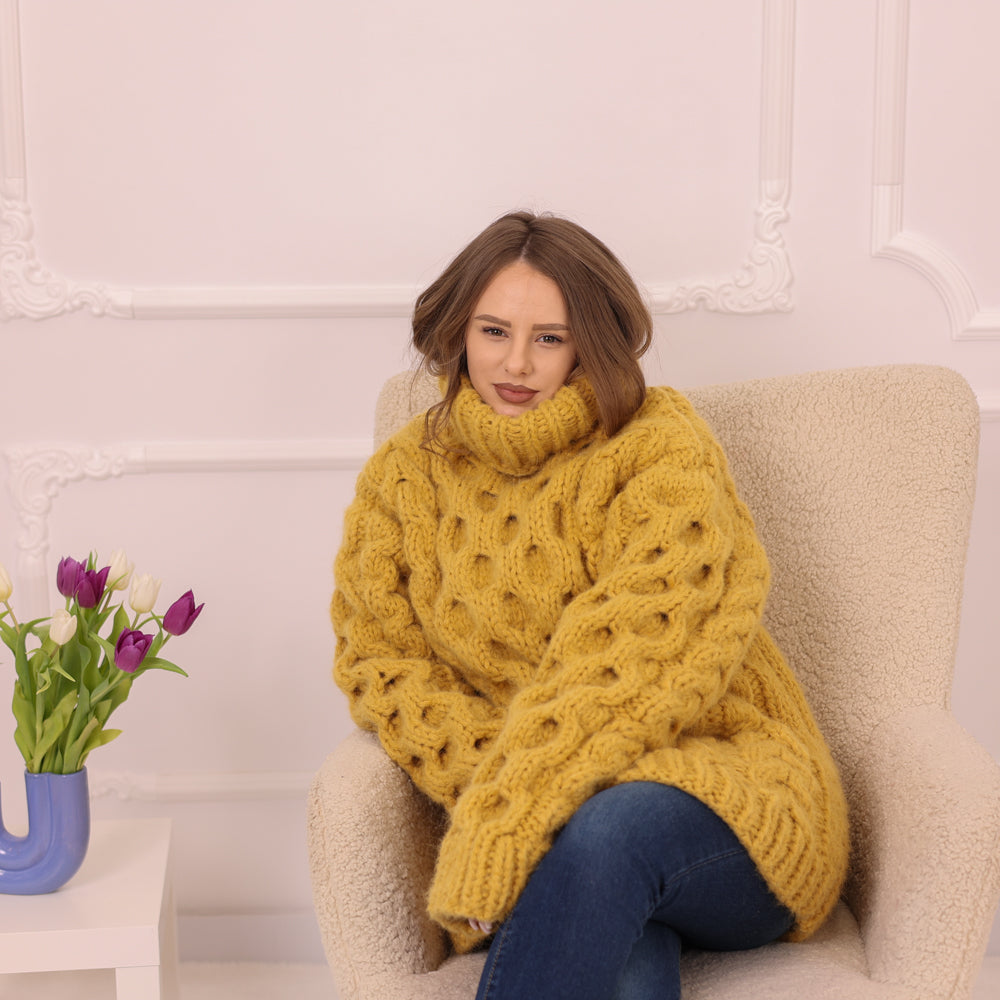 Yellow Alpaca Sweater, 18 Strand Honeycomb Cable Knit, Chunky Hand Knitted Turtleneck T2227