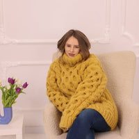 One available in size 4XL, Yellow Alpaca Sweater, 18 Strand Honeycomb Cable Knit, Chunky Hand Knitted Turtleneck T2227